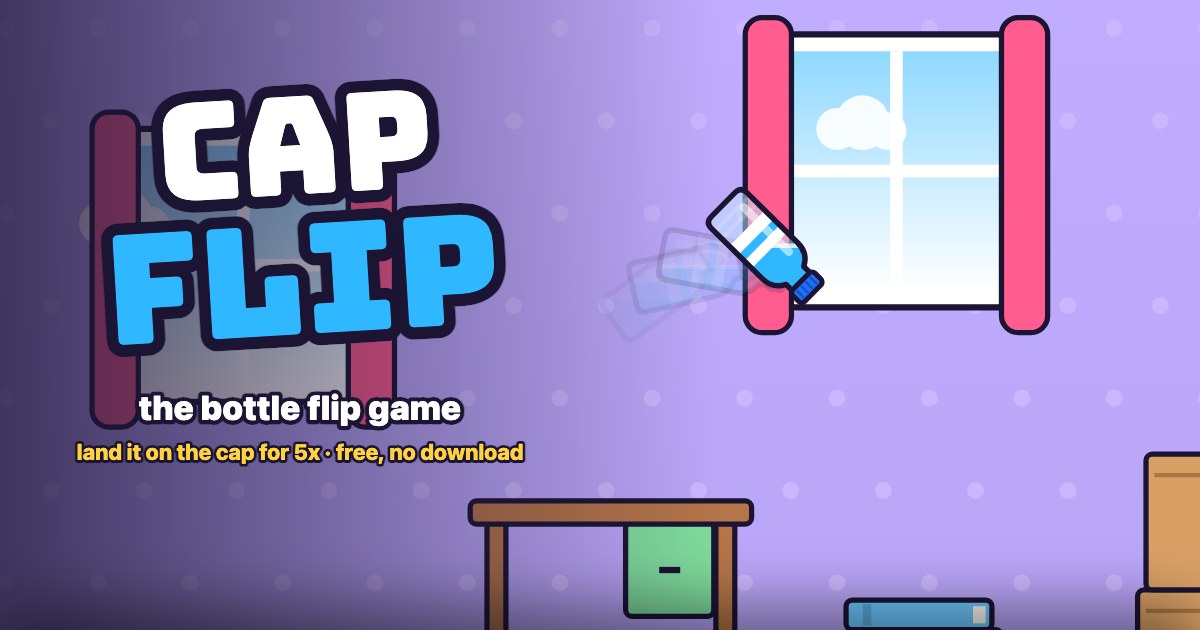 Cap Flip: a water bottle spinning mid-flip between a desk and a stool in a purple bedroom