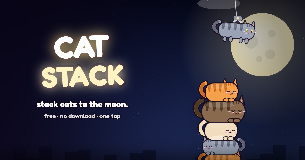 Cat Stack: a tower of sleeping cats under the moon, with a cat dangling from a claw above it