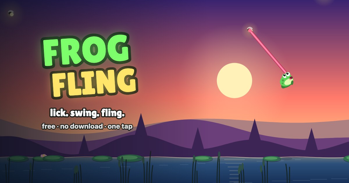 Frog Fling: a frog swinging over a pond on its tongue from a firefly